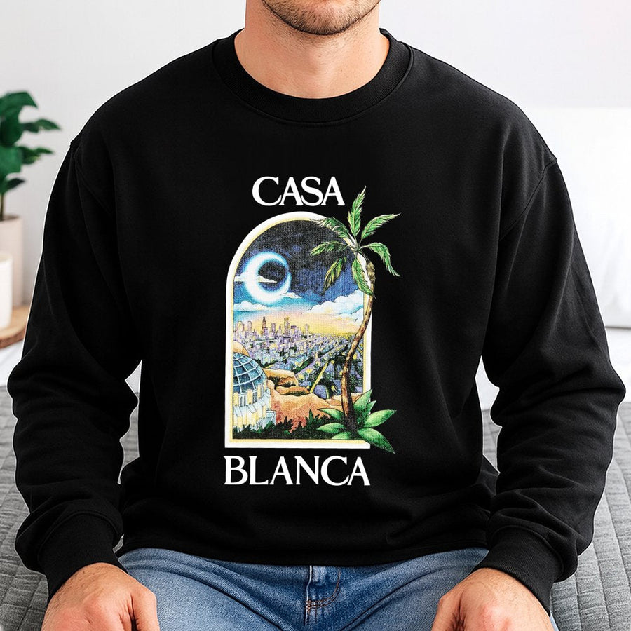 Casa Blanca Sweatshirt | Tropical City Window Graphic Art | Premium Cotton Blend Crewneck | Unisex Travel Aesthetic Gift for Vacation Lovers
