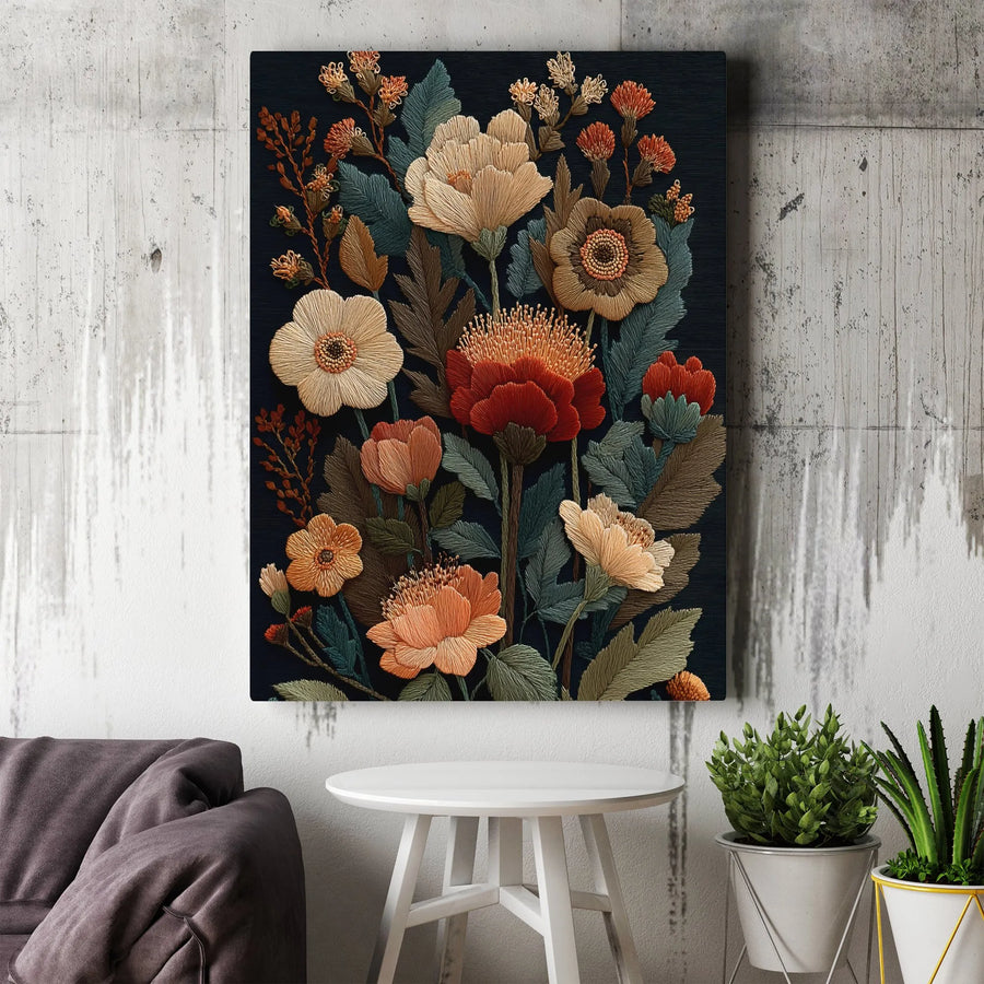 Dark Botanical Canvas Wall Art | Textured Floral Relief Print | Premium Gallery Wrap | Vintage Cottagecore Decor Gift