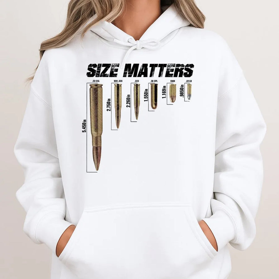 Size Matters Bullet Chart Hoodie | Firearms Enthusiast Graphic Apparel | Premium Cotton Blend Comfort | Patriotic Gift For Shooters & Gun Owners