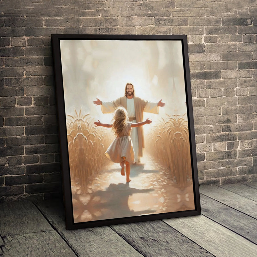 Jesus Welcoming Girl Canvas Wall Art | Wheat Field Spiritual Home Decor | Gallery-Wrapped 1.25-Inch Profile | Inspirational Christian Gift