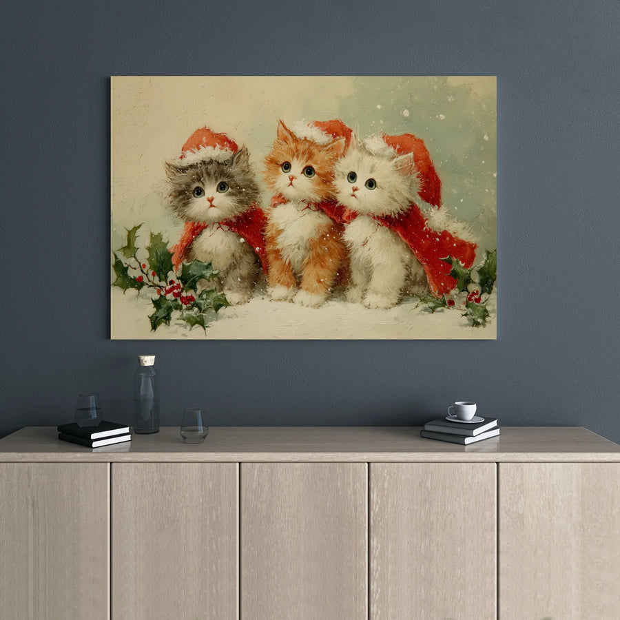 Three Kittens Christmas Canvas Wall Art | Vintage Style Cute Cat Holiday Decor | Premium Gallery Wrap Print | Festive Gift for Cat Lovers