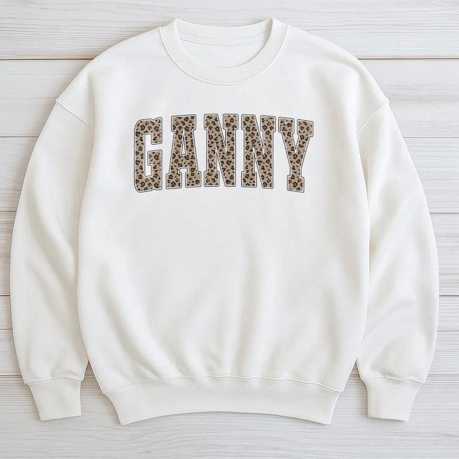 Ganny Sweatshirt | Leopard Print Varsity Letter Crewneck for Grandma | Cozy Cotton Blend Pullover | Unique Mother's Day Gift for New Ganny, Pregnancy Announcement