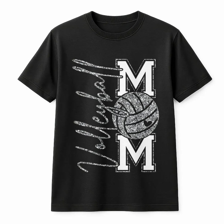 Volleyball Mom T-Shirt | Silver Faux Glitter Volleyball Graphic | Premium Soft Cotton Sporty Top | Perfect Sports Mom Gift Idea