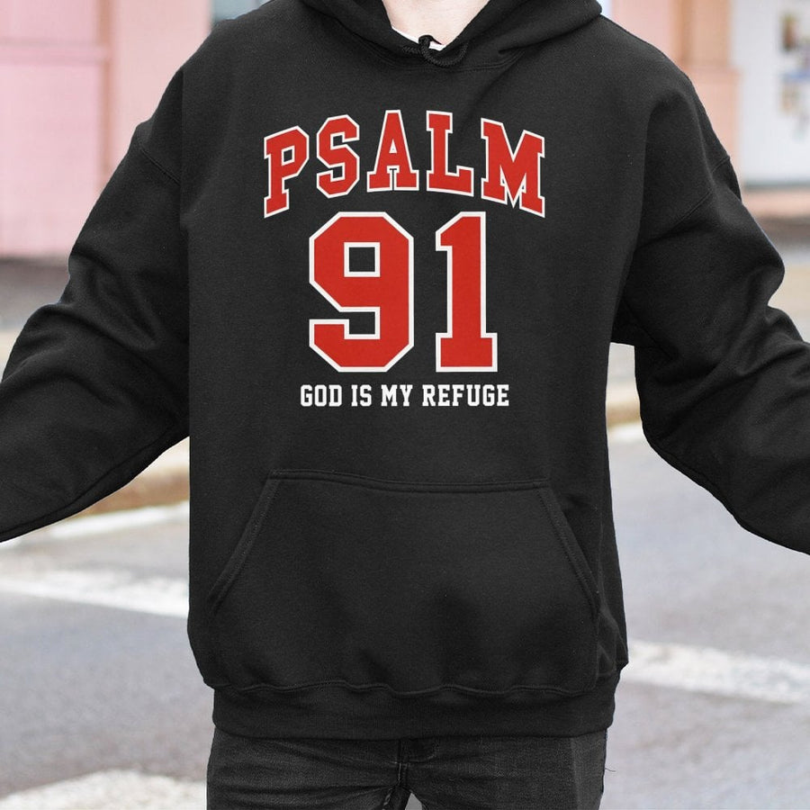 Psalm 91 Hoodie | God Is My Refuge Bible Verse Design | Premium Cotton-Blend Scripture Sweatshirt | Faith-Based Christian Gift for Men and Women
