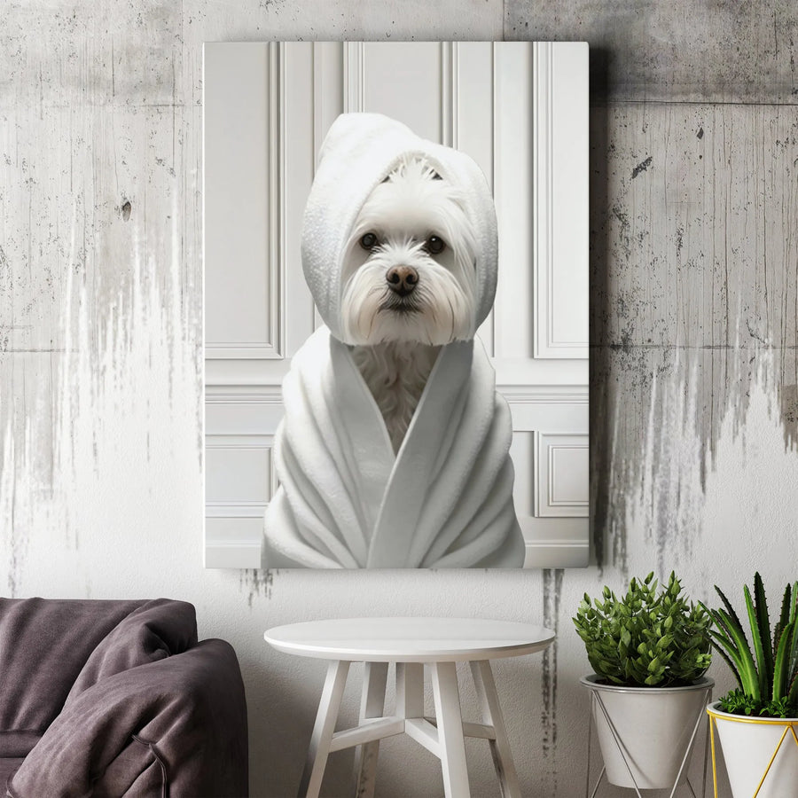 Maltese Dog in Bathrobe Canvas Print | Funny Spa Day Portrait | 1.25" Gallery Wrap | Premium Wall Art for Bathroom or Pet Lovers