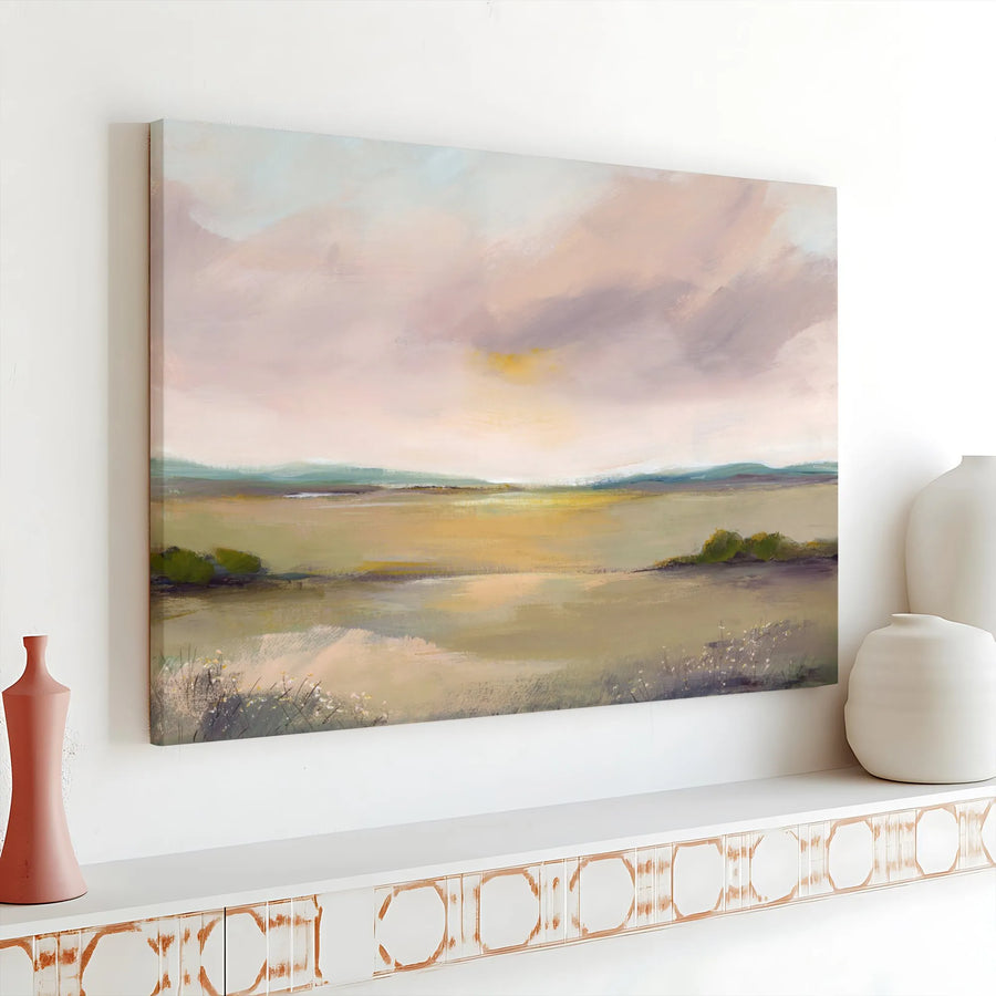Abstract Landscape Canvas Wall Art | Calming Pastel Sunset Painting | Premium Gallery-Wrapped Canvas | Limited Edition Living Room Decor