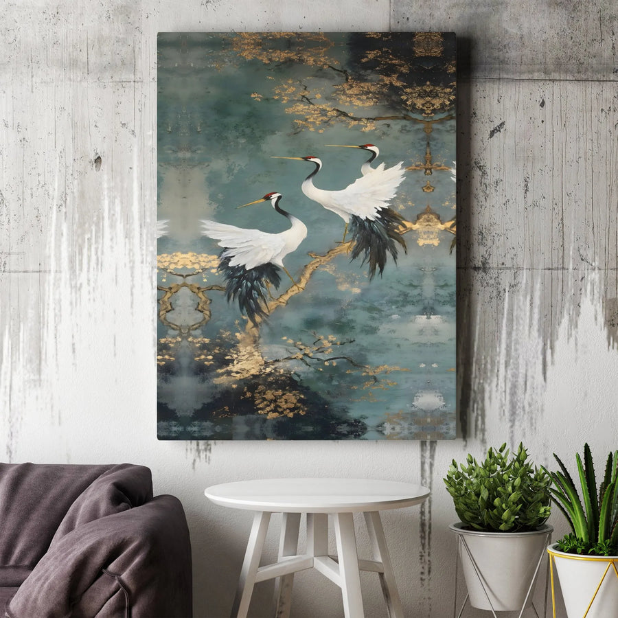 Japanese Crane Wall Art | Gold Leaf Chinoiserie Canvas Print | Premium Gallery Wrapped Decor | Zen Inspired Living Room Gift