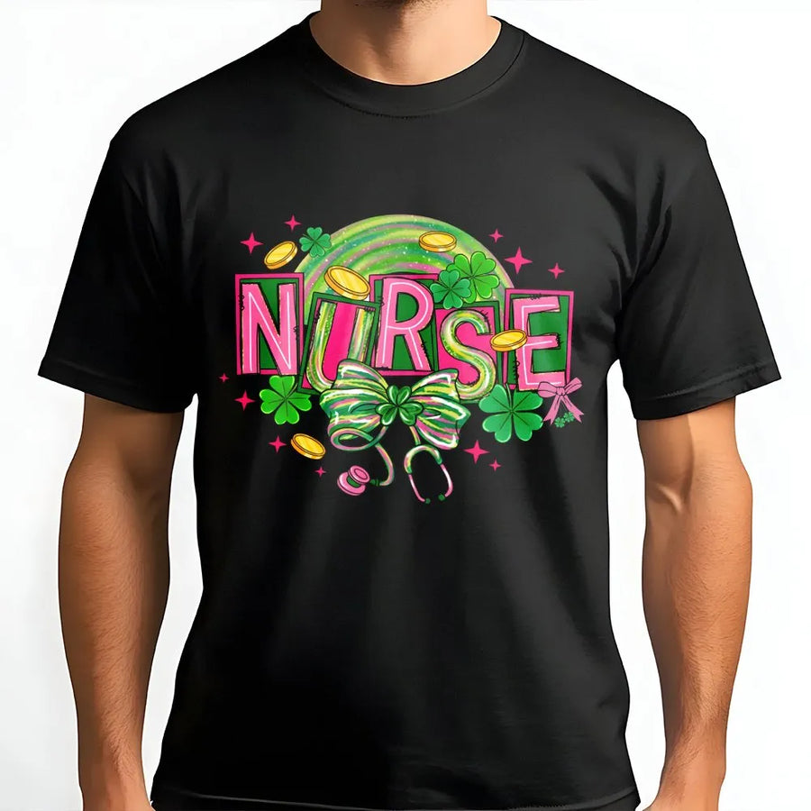 Nurse St Patricks Day T-Shirt | Shamrock Stethoscope Bow Design | Premium Soft Cotton Tee | Lucky Nursing School Graduation Gift For RN