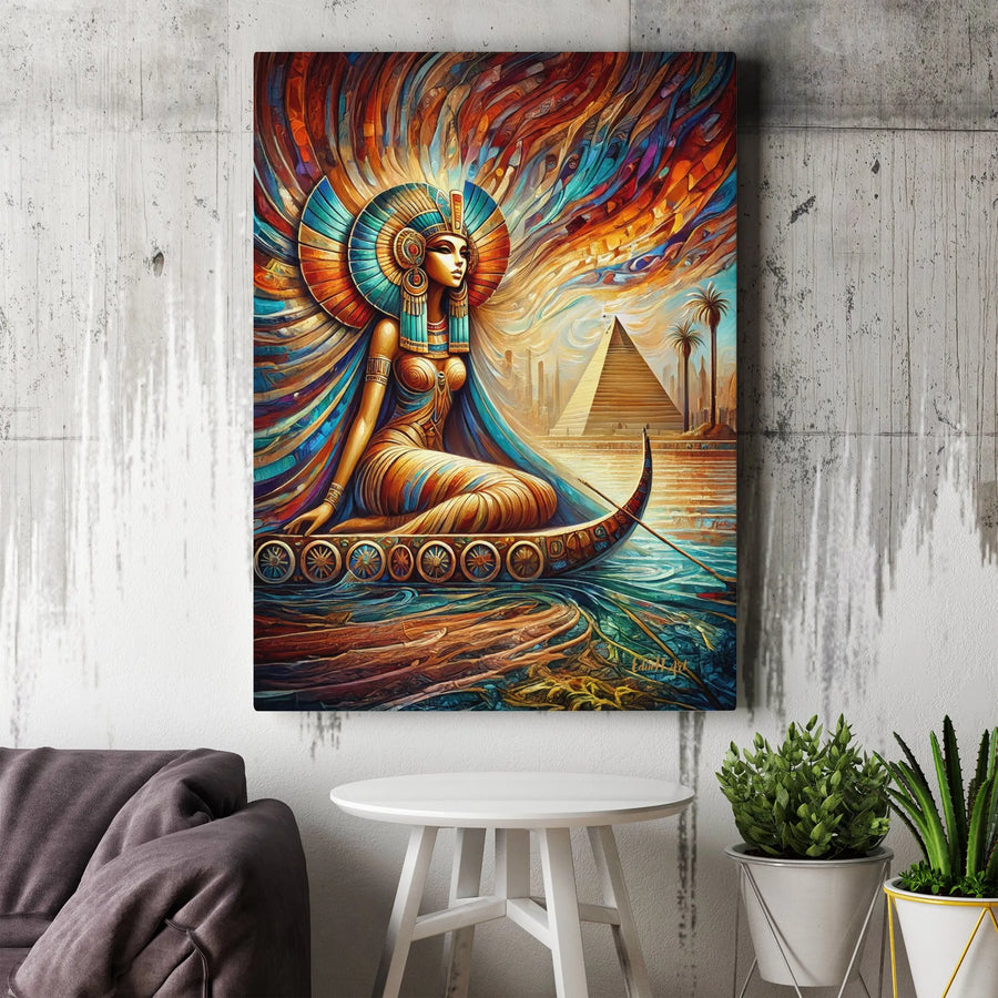 Egyptian Queen Canvas Print | Vibrant Cleopatra River Boat Wall Art | Premium Gallery-Wrapped Portrait | Ancient Egypt Decor Gift for Her