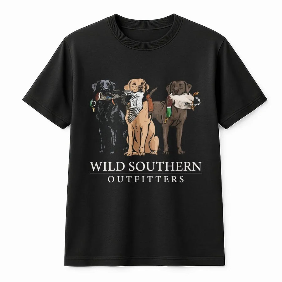 Hunting Dog T-Shirt | Labrador Retriever Trio Duck Hunting Graphic | Premium Cotton-Blend | Gift for Outdoorsman and Dog Lover