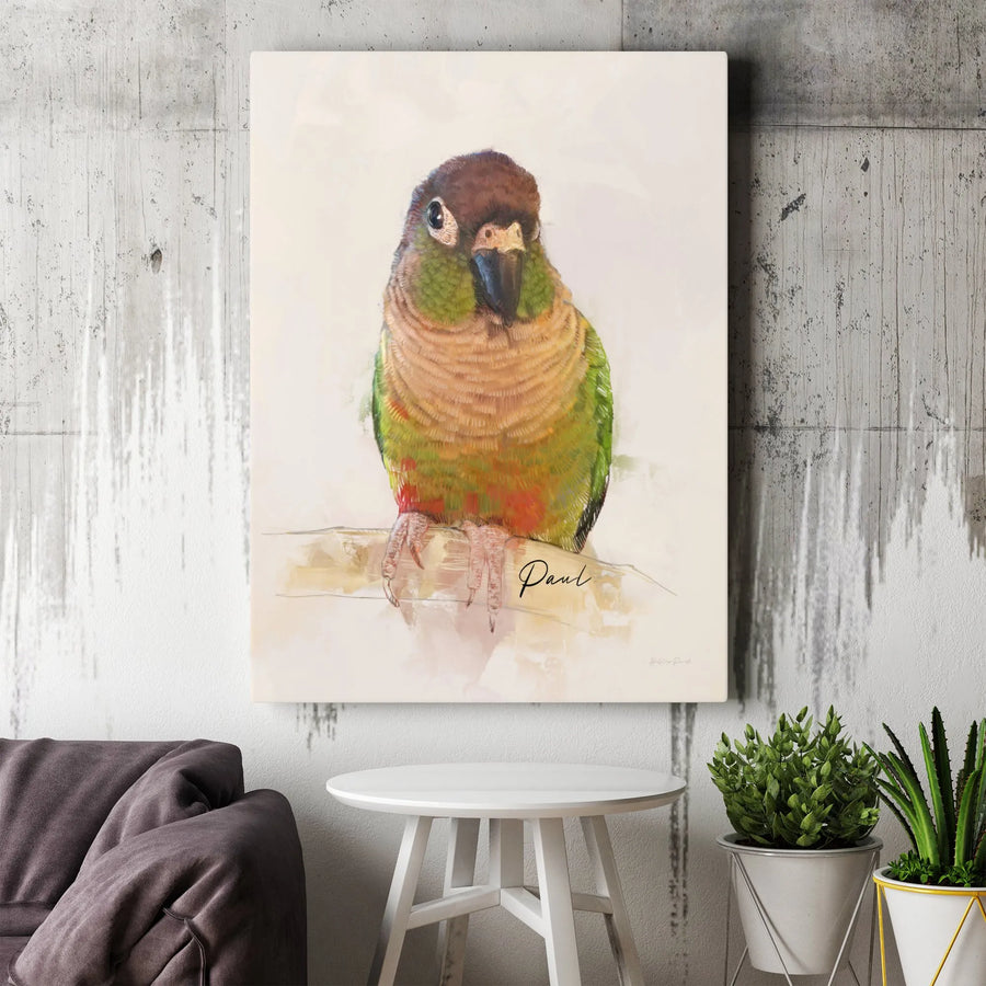 Green Cheek Conure Canvas Wall Art | Watercolor Parrot Portrait Painting | Premium 1.25" Thick Gallery Wrap | Gift for Bird Lovers