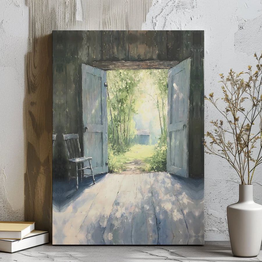 Rustic Barn Door Canvas Wall Art | Open Doorway Sunlit Forest Path Painting | Premium Gallery Wrap Decor | Farmhouse Interior Home Gift