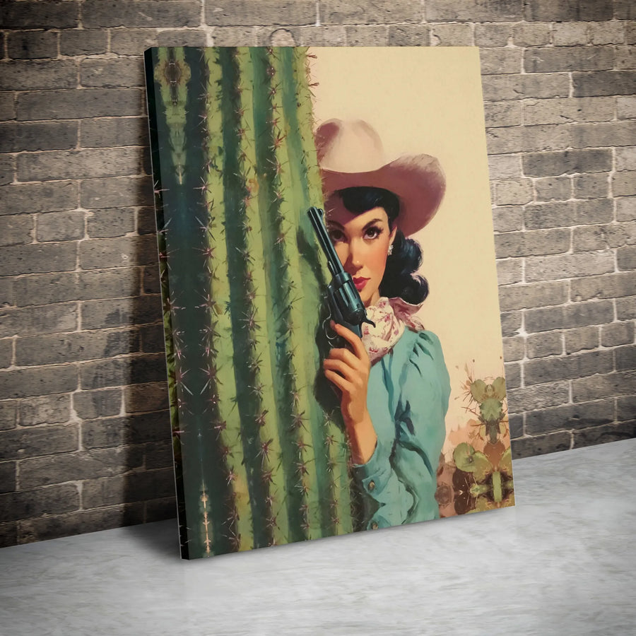 Vintage Cowgirl Canvas Wall Art | Western Pinup with Cactus Art | Premium Frameless Canvas Print | Collector's Southwestern Home Decor