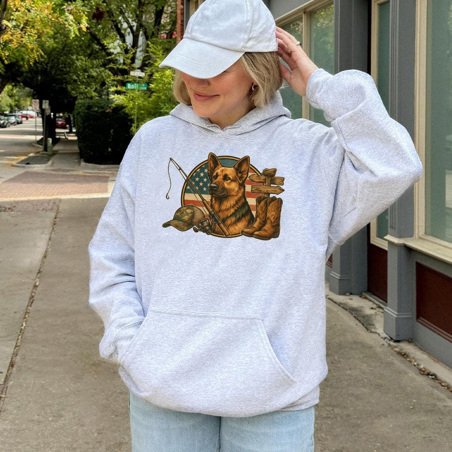German Shepherd Hoodie | Patriotic Country Fishing Graphic | Premium Cotton Blend | Gift For Dog Lovers & Outdoorsmen