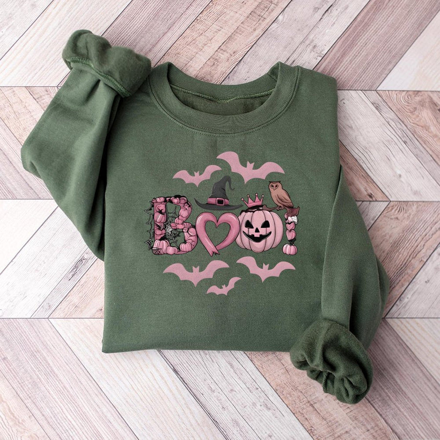 Boo Pink Halloween Sweatshirt | Cute Pumpkin Witch Hat Graphic | Premium Cotton Blend | Aesthetic Spooky Fall Gift for Women