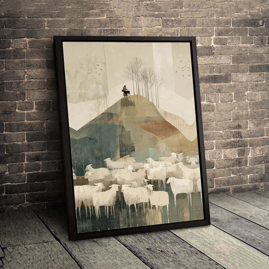 Shepherd and Sheep Wall Art | Abstract Farmhouse Landscape Print | 1.25-Inch Premium Gallery Canvas | Rustic Home Decor Gift