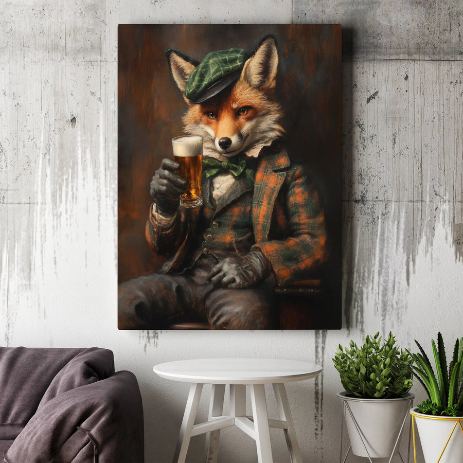 Anthropomorphic Fox Canvas Print | Gentleman Fox Drinking Beer in Tweed | Gallery Wrap Premium Wall Art | Unique Pub Bar Decor Gift for Him