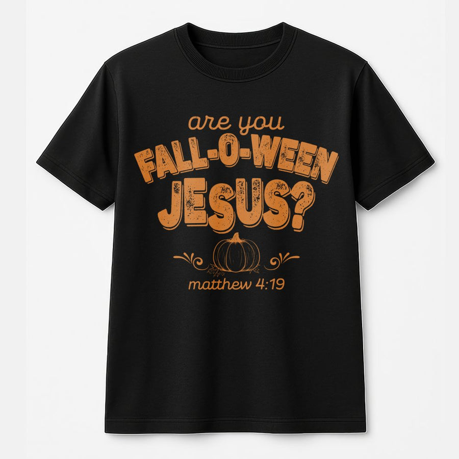 Fall-O-Ween Jesus T-Shirt | Christian Pumpkin Scripture Matthew 4:19 | 100% Cotton Premium Tee | Faith-Based Halloween Gift for Women and Men