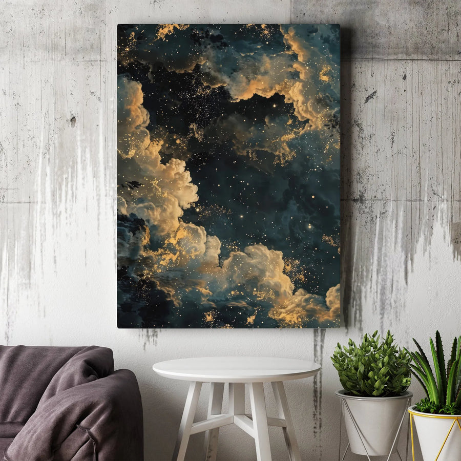 Celestial Night Sky Canvas | Gold Cloud Galaxy Abstract Art | Premium Fade-Resistant Wall Decor | Modern Home and Office Statement Piece