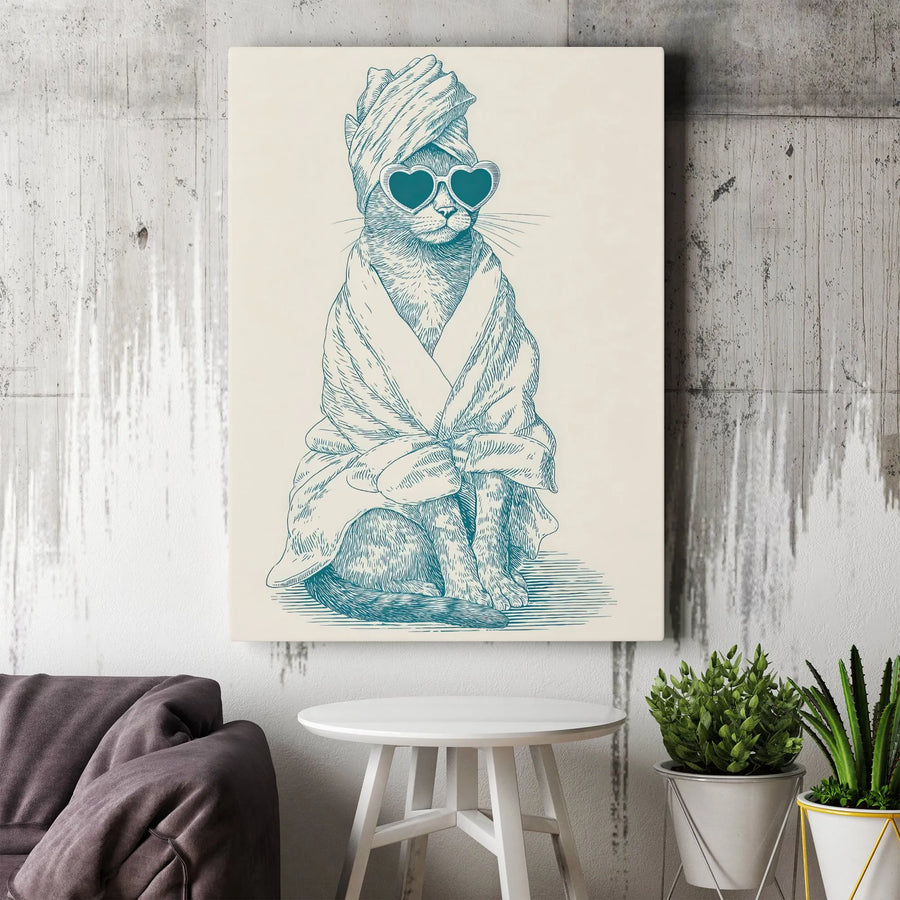 Spa Day Cat Wall Art | Funny Bathrobe and Heart Sunglasses Sketch | Premium Gallery-Wrap Canvas | Cute Bathroom Decor for Cat Lovers