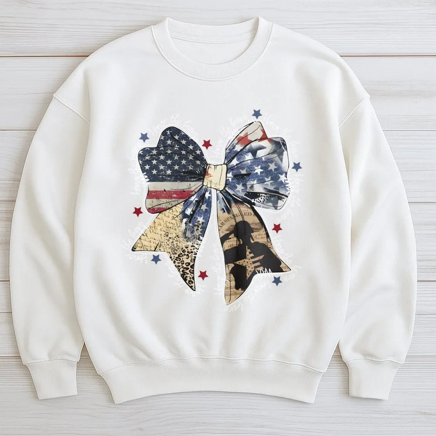 American Flag Coquette Bow Sweatshirt | Patriotic Military Soldier Tribute | Premium Cotton Blend | Gift for Veterans Day or 4th of July