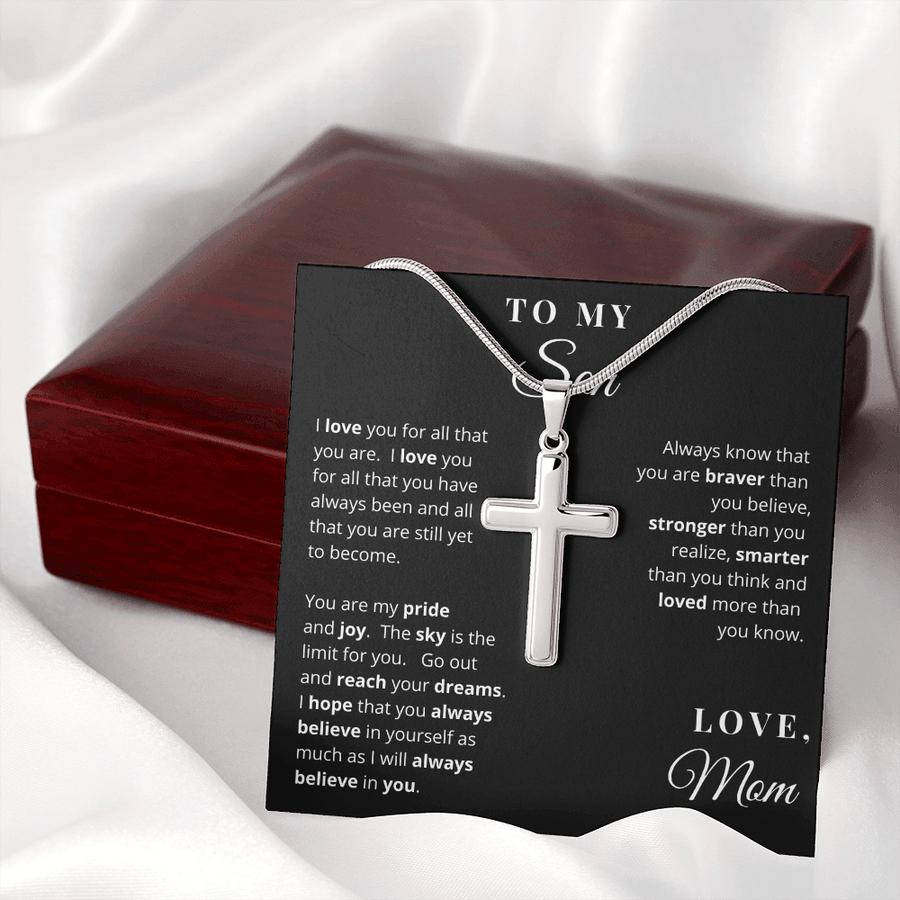 To My Son Love Mom Cross Necklace | 14k White Gold Coated Stainless Steel