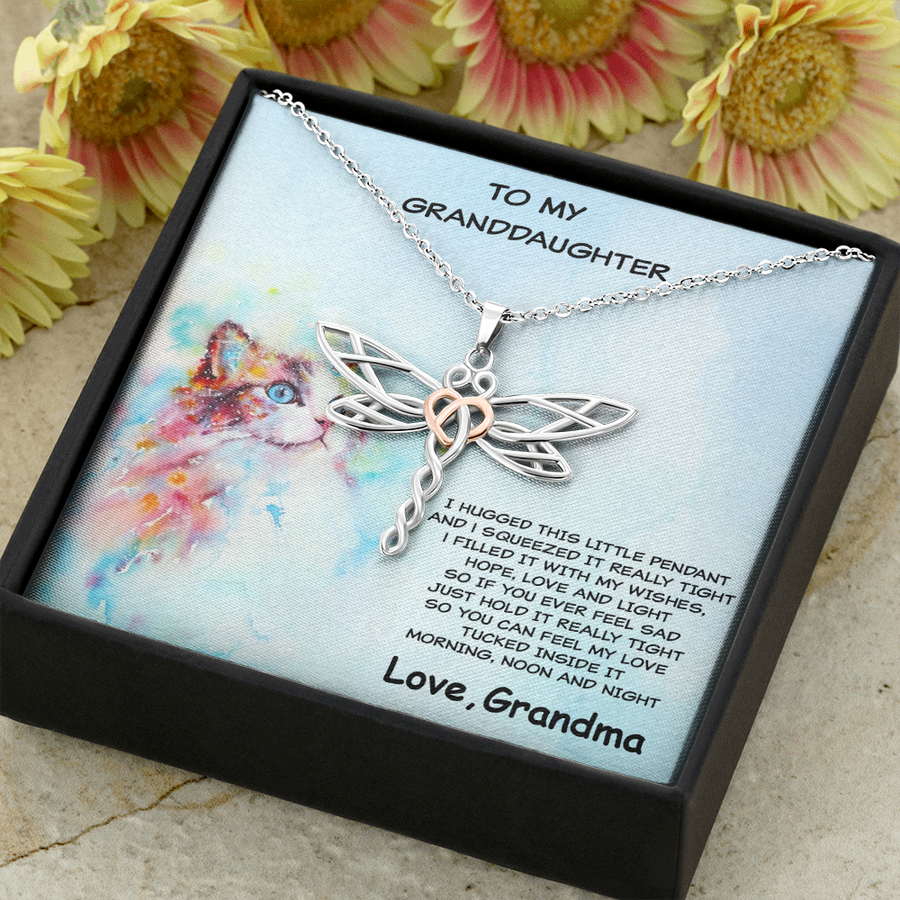 Granddaughter Dragonfly Necklace Cat Message Card Gift Box