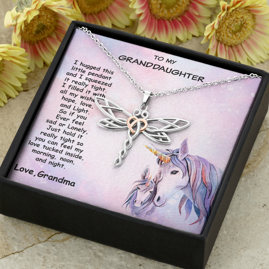 Granddaughter Dragonfly Necklace Unicorn Message Card Gift Box