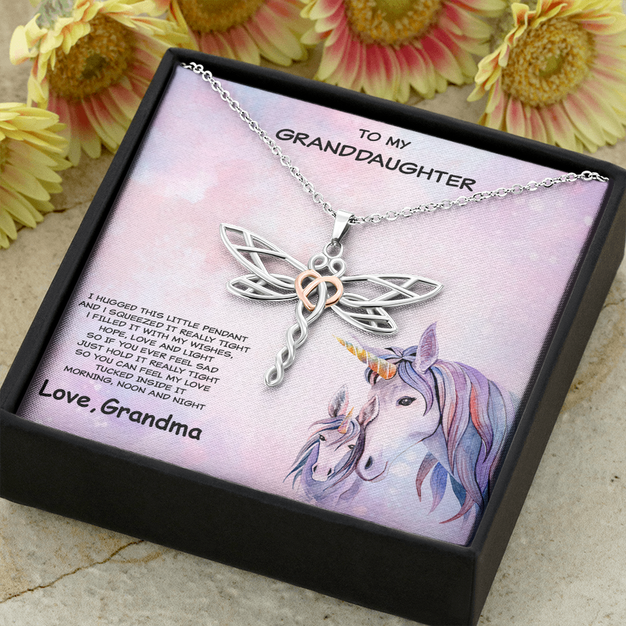 Granddaughter Dragonfly Pendant Unicorn Card Gift Box Necklace