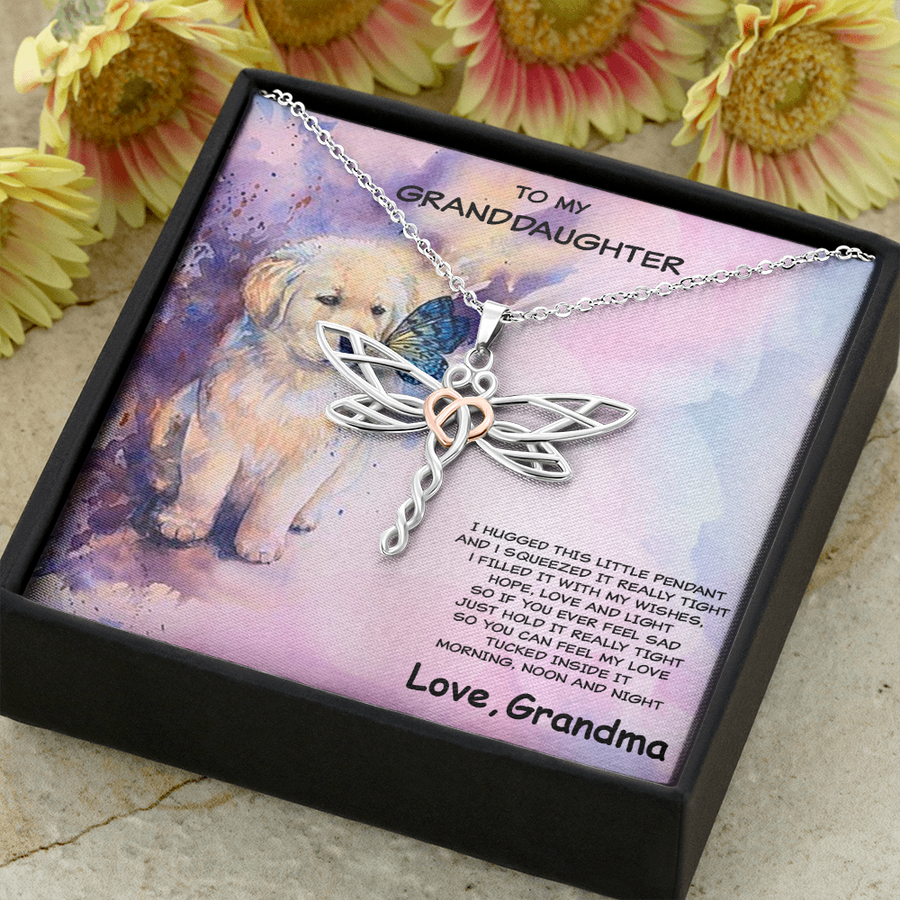 Granddaughter Dragonfly Necklace Puppy Message Card Gift Box