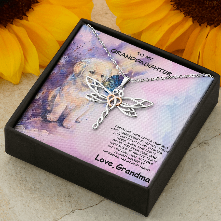 Granddaughter Dragonfly Necklace Puppy Message Card Gift Box