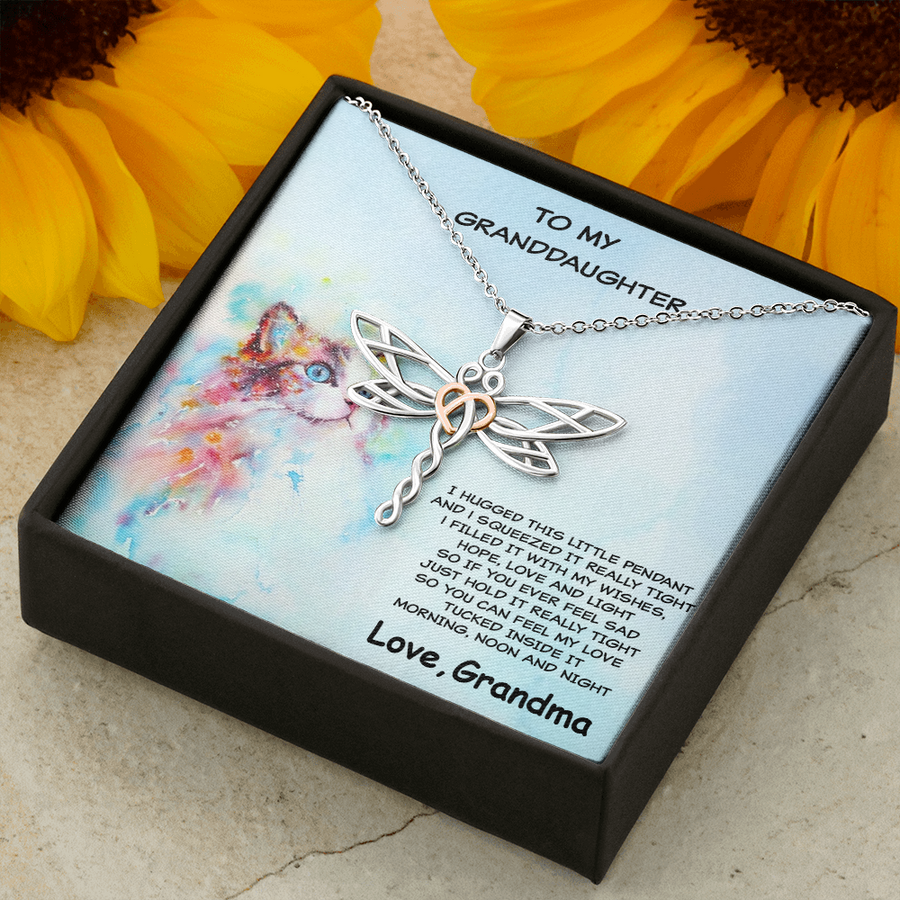 Granddaughter Dragonfly Necklace Cat Message Card Gift Box