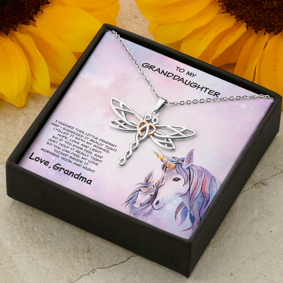 Granddaughter Dragonfly Pendant Unicorn Card Gift Box Necklace