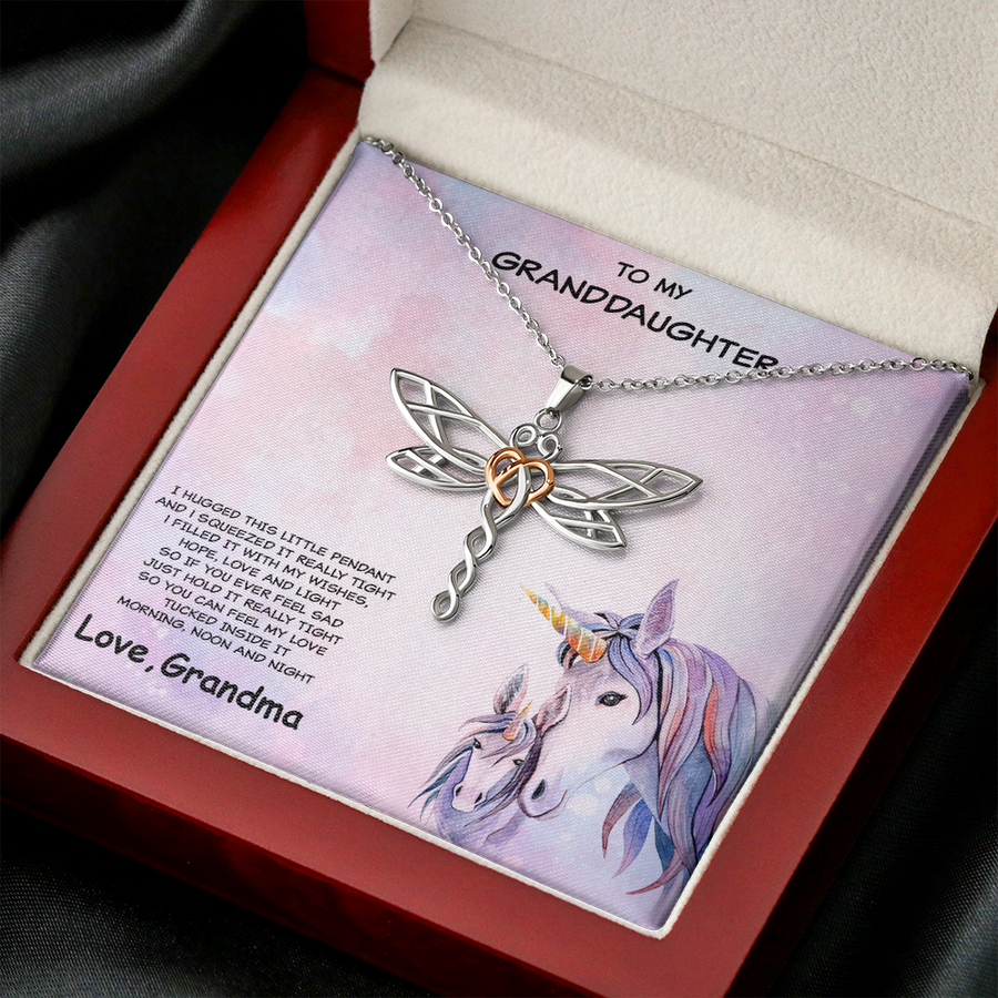 Granddaughter Dragonfly Pendant Unicorn Card Gift Box Necklace