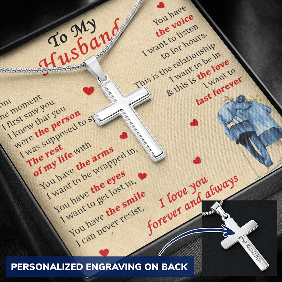 To My Husband The love I want to last forever Personalized Engraved Cross Necklace Jewelry Romantic Gift for Husband Anniversary