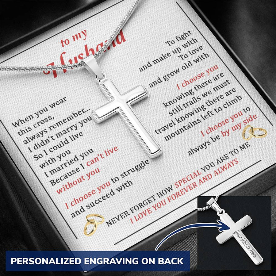 Personalized Can't Live Without You Stainless Steel Cross Necklace Engraved Beautiful Anniversary Gift for Husband