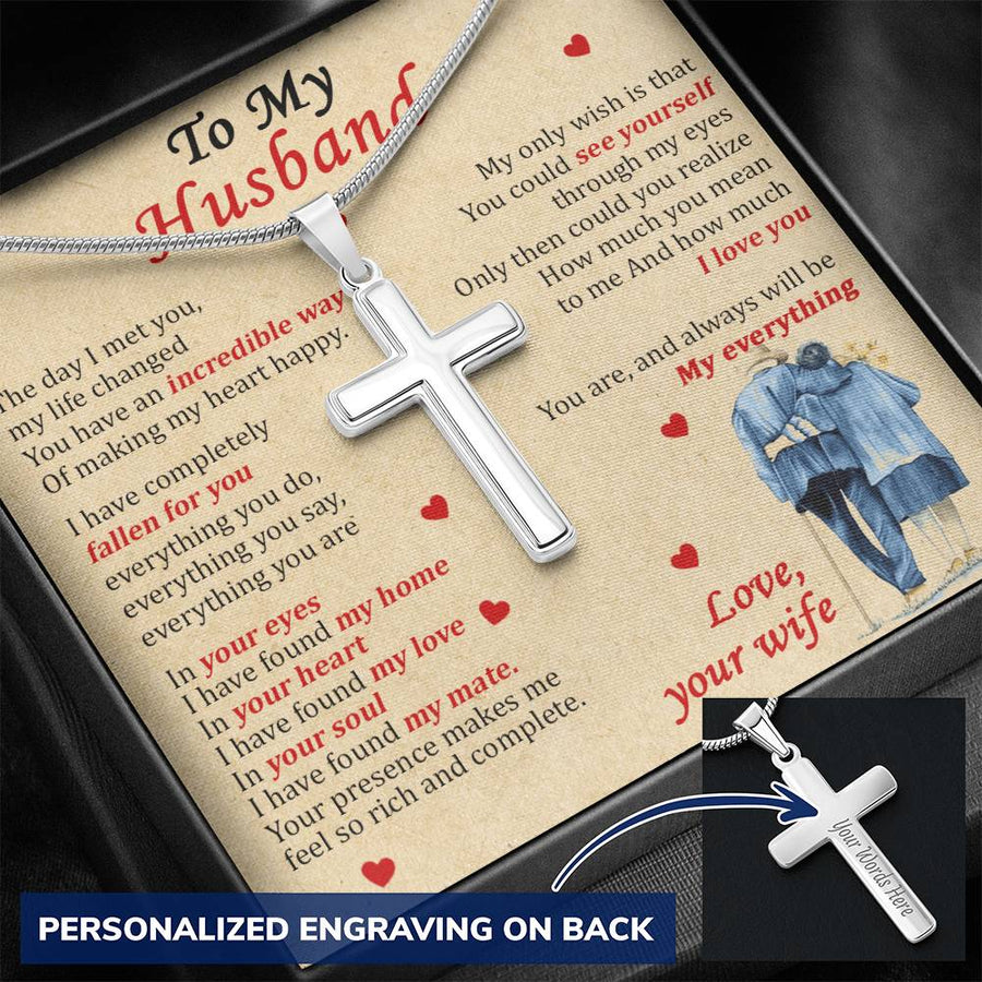Personalized See Yourself Through My Eyes Stainless Steel Cross Necklace Engraved Beautiful Anniversary Gift for Husband