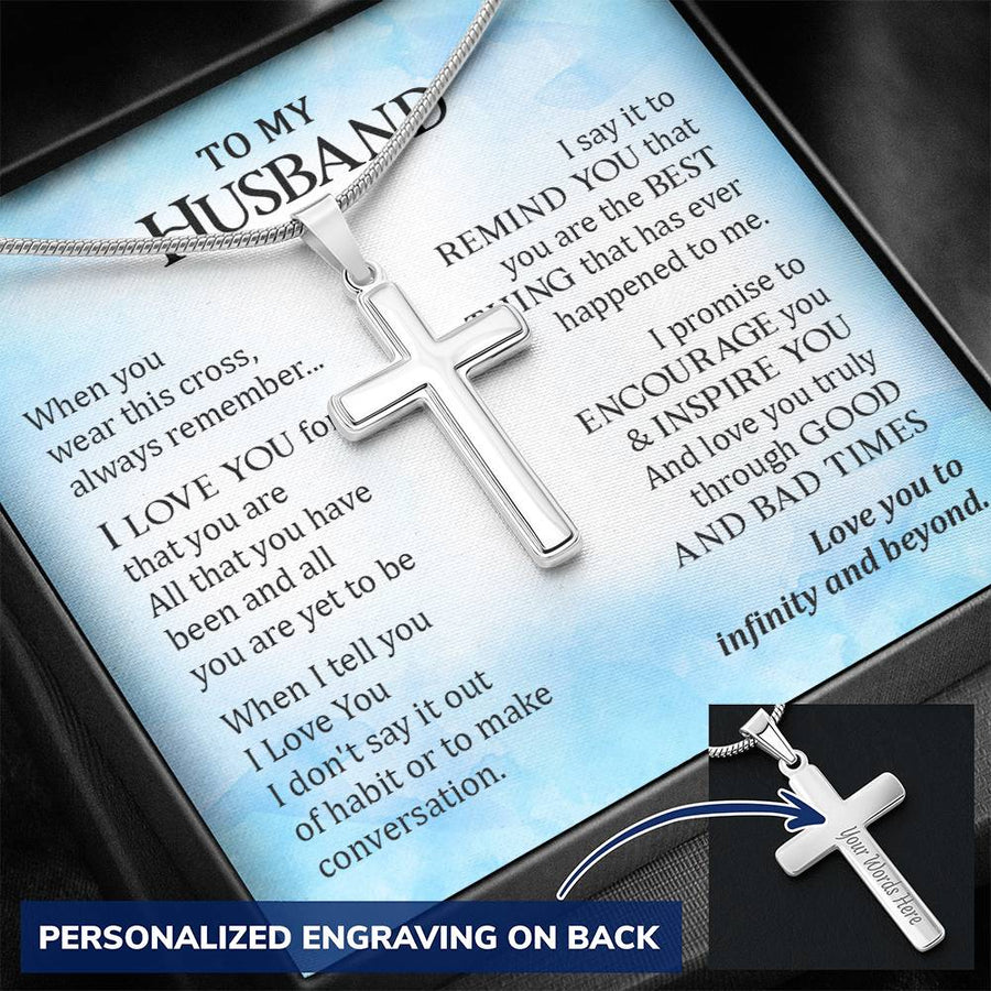 Personalized Encourage and Inspire Stainless Steel Cross Necklace Engraved Beautiful Anniversary Gift for Husband