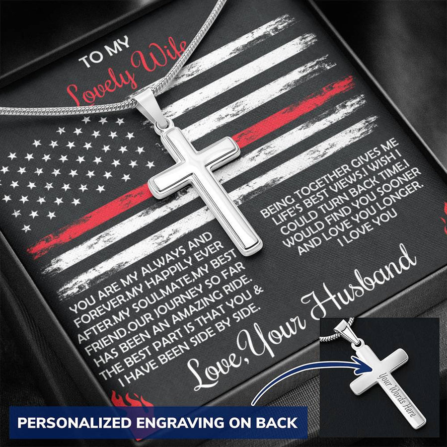 Personalized Our Journey So Far Has Been an Amazing Ride Stainless Steel Cross Necklace Engraved Perfect Anniversary Gift for Firefighter Husband