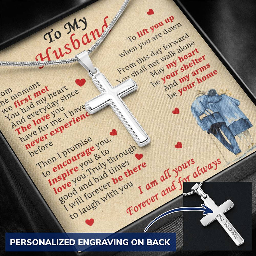 Personalized My Heart Your Shelter Stainless Steel Cross Necklace Engraved Perfect Anniversary Gift for Husband