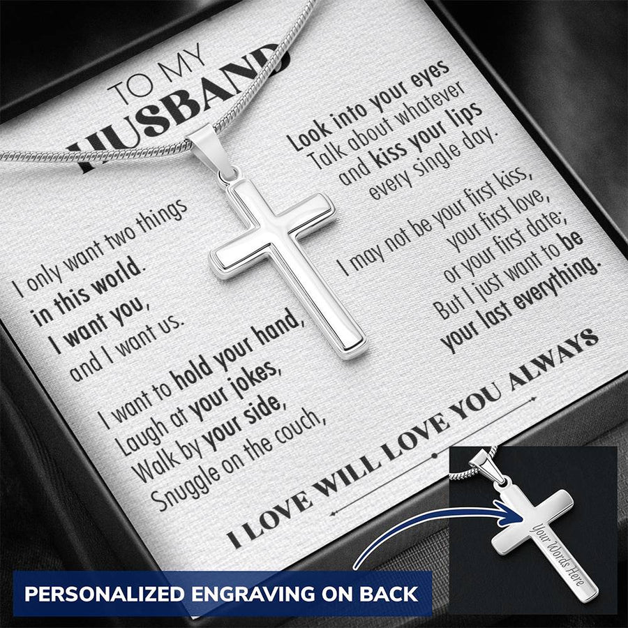 Personalized All I Want Is to Hold Your Hand Stainless Steel Cross Necklace Engraved Perfect Anniversary Gift for Husband
