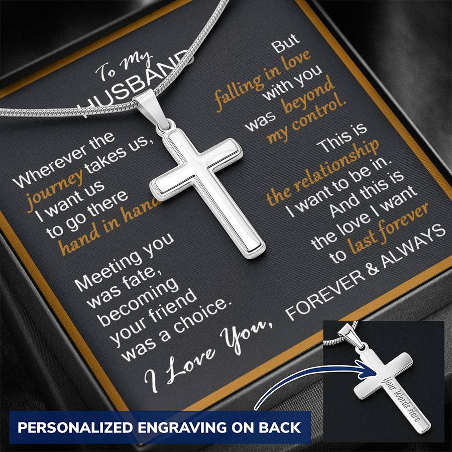 Personalized Wherever the Journey Takes Us Hand in Hand Stainless Steel Cross Necklace Engraved Perfect Anniversary Gift for Husband