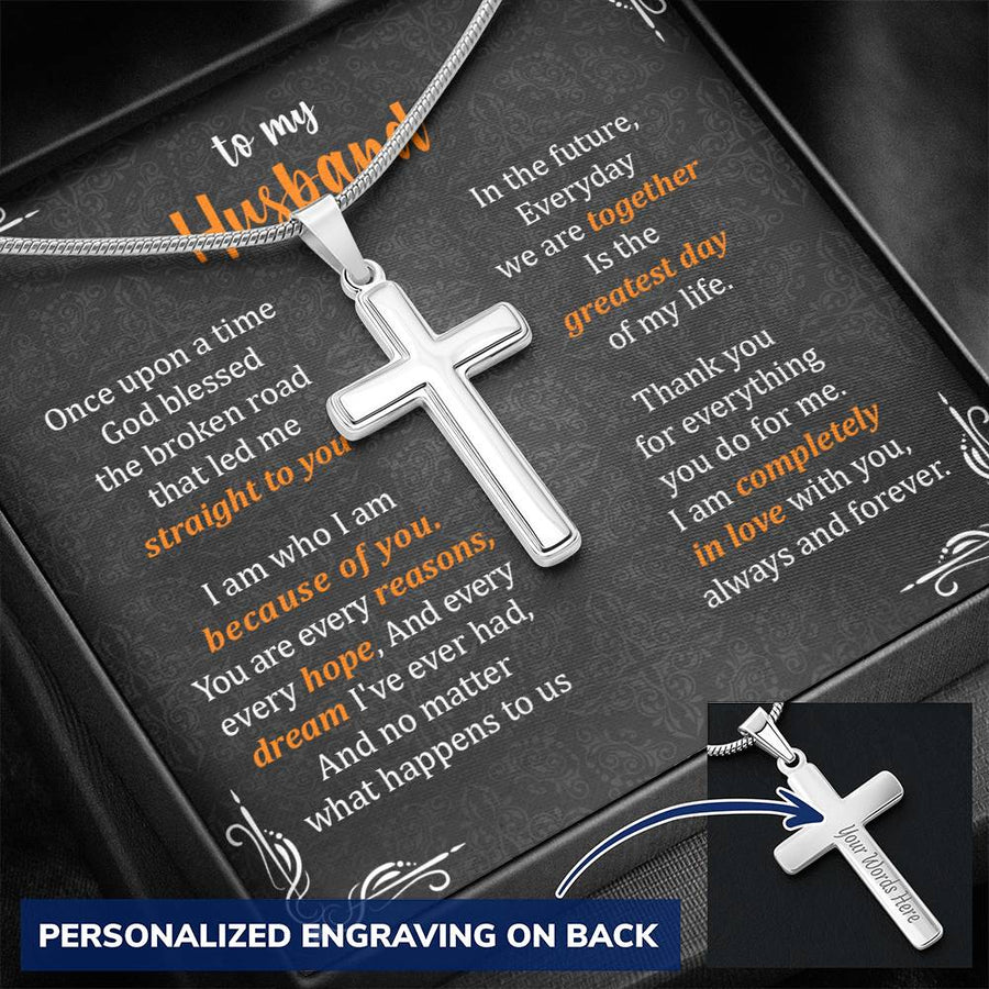 Personalized Because of You Stainless Steel Cross Necklace Engraved Perfect Anniversary Gift for Husband