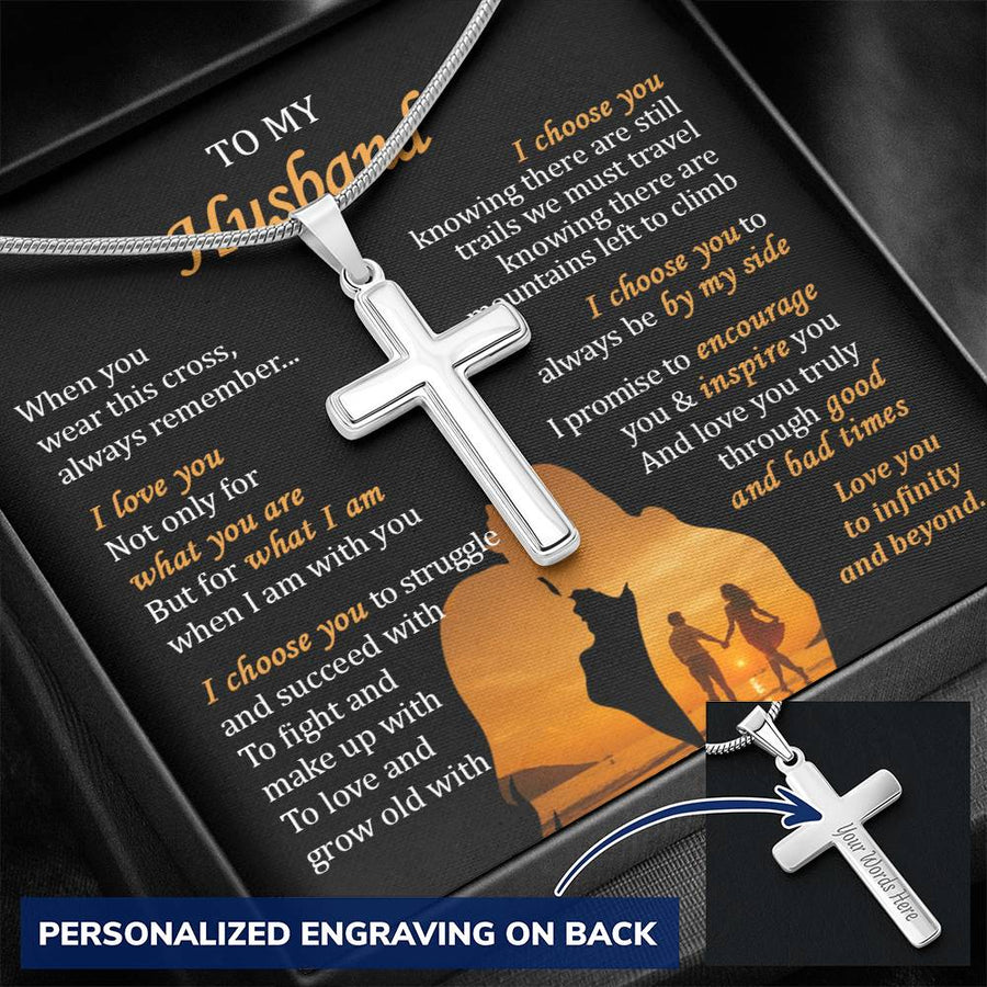 Personalized Inspire You Through Good and Bad Times Stainless Steel Cross Necklace Engraved Perfect Anniversary Gift for Husband