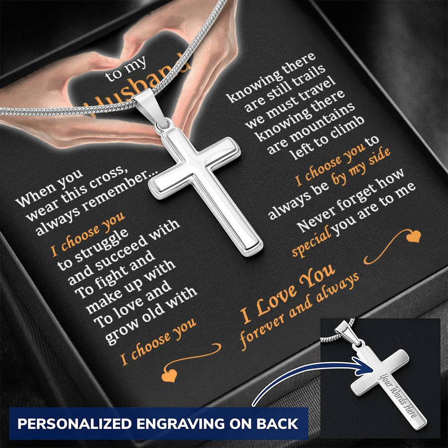 Personalized I Choose You By My Side Stainless Steel Cross Necklace Engraved Perfect Anniversary Gift for Husband