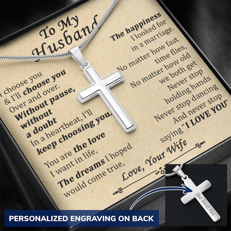 Personalized Keep Choosing You Stainless Steel Cross Necklace Engraved Perfect Anniversary Gift for Husband
