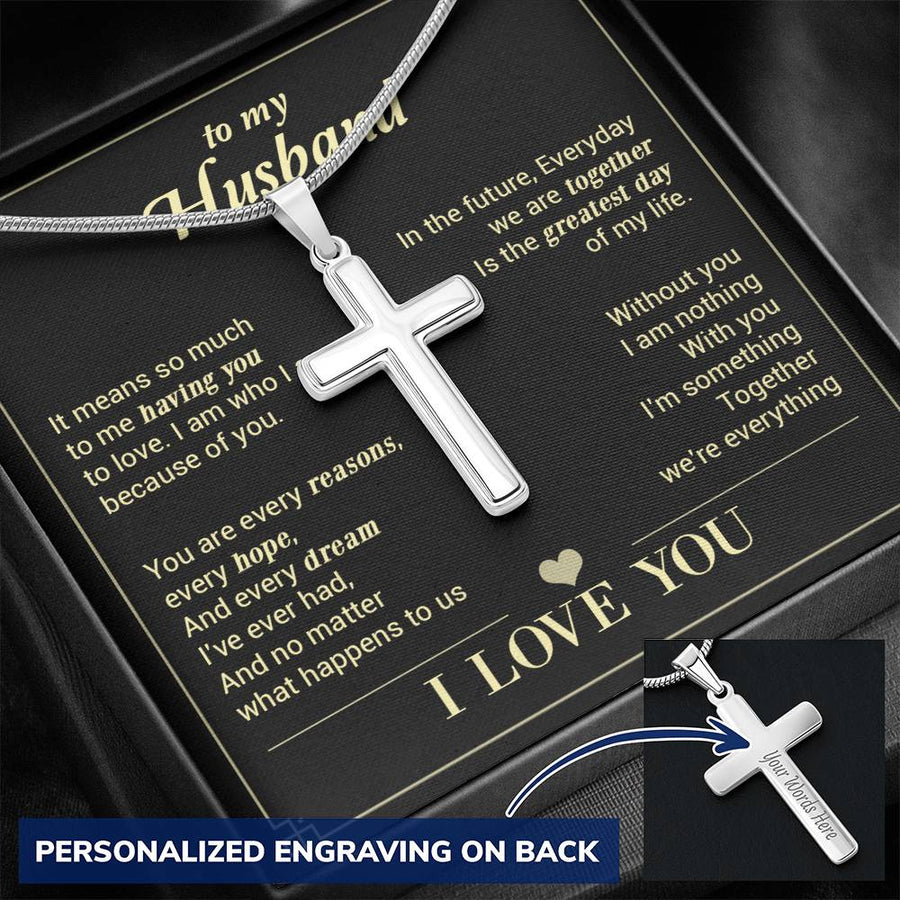 Personalized I Am Who I Am Because of You Stainless Steel Cross Necklace Engraved Perfect Anniversary Gift for Husband