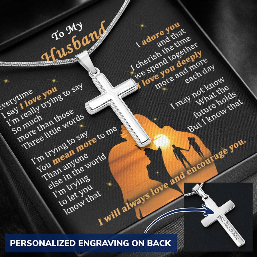 Personalized You Mean More to Me Than Anyone Else in the World Stainless Steel Cross Necklace Engraved Perfect Anniversary Gift for Husband