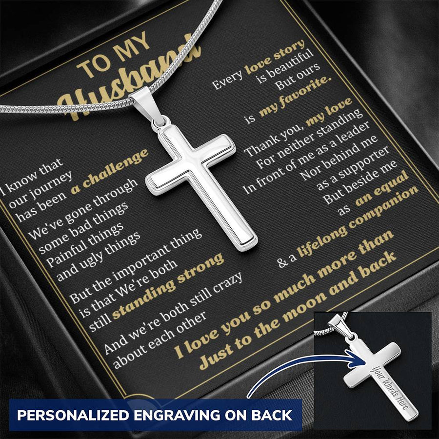 Personalized Standing Strong Lifelong Companion Stainless Steel Cross Necklace Engraved Perfect Anniversary Gift for Husband