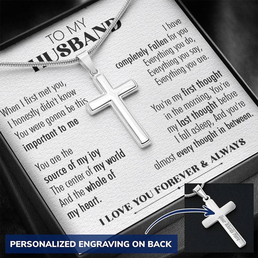 Personalized First Last Thought Stainless Steel Cross Necklace Engraved Perfect Anniversary Gift for Husband